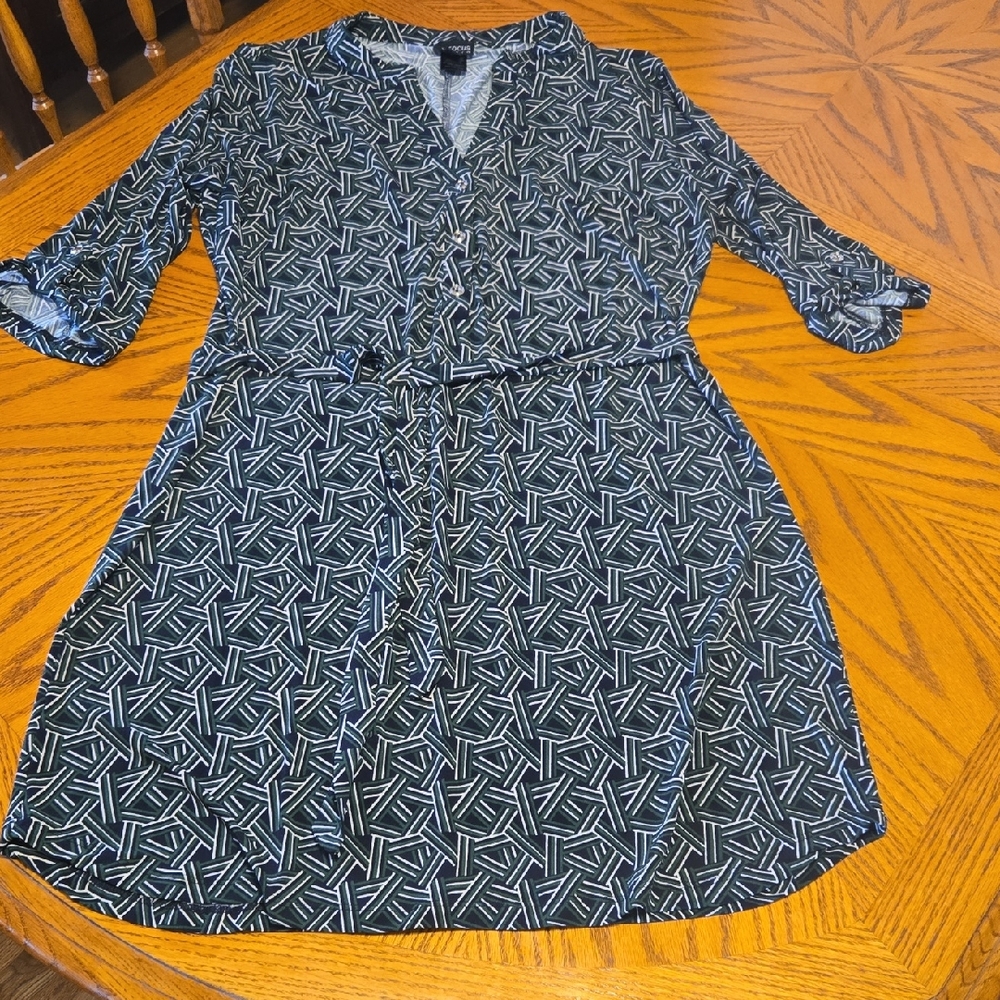 Enfocus Studio Black, Green and White Geometric 3/4 Sleeve Dress
